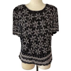 Adrianna Papell Boutique Black Silver Beaded Silk Top Blouse Women’s 3X